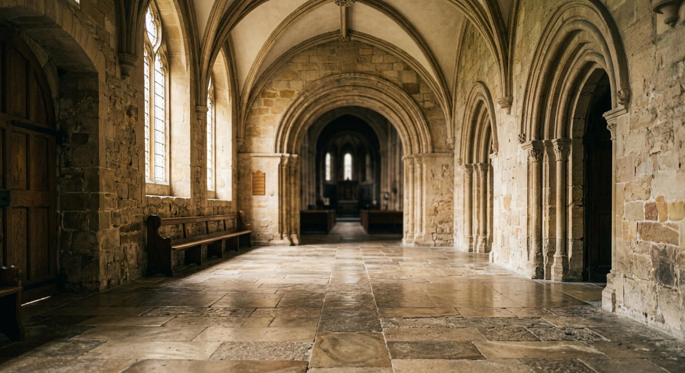 Interior of a historic church narthex — the entrance hall threshold